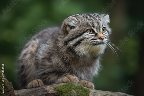 Manul cub in nature on summer forest background. Closeup animal portrait. Ai generated © Artem81