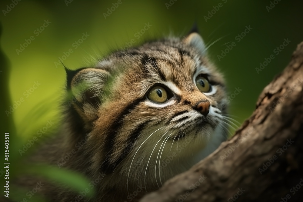 Manul cub in nature on summer forest background. Closeup animal portrait. Ai generated