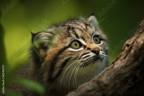 Manul cub in nature on summer forest background. Closeup animal portrait. Ai generated