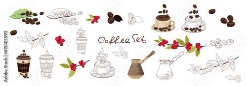 Vector illustration of a set of coffee objects. Glass, mug, cup for espresso, cappuccino and americano, sprig of coffee, grains, cezve, sugar sticks. vintage hand drawn style photo