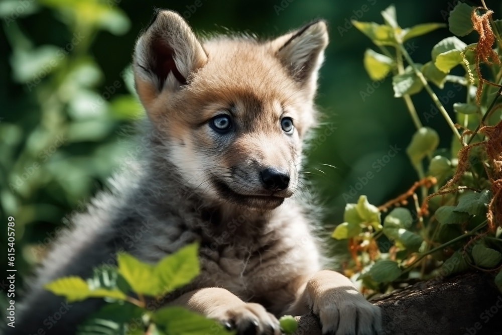 Wolf cub in nature on summer forest background. Closeup animal portrait. Ai generated Wolf cub in nature on summer forest background. Closeup animal portrait. Ai generated