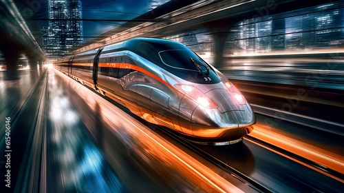 Captivating High-Speed Train in Motion, Showcasing Sleek Design and Advanced Propulsion Technology, Blurred Background photo