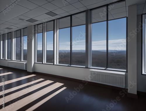 Modern interior design of spacious office hall and city view from panoramic windows, generative ai. Concept of new office
