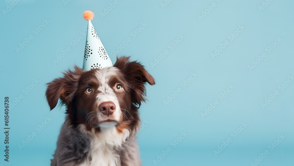 portrait of a cheerful happy dog ​​Australian Shepherd, Border Collie a birthday cap looks at the camera. close-up on a blue background with copy space