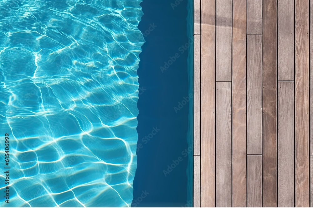 Obraz premium Poolside paradise. Top view of an empty outdoor pool with wooden board on beautiful relaxing background