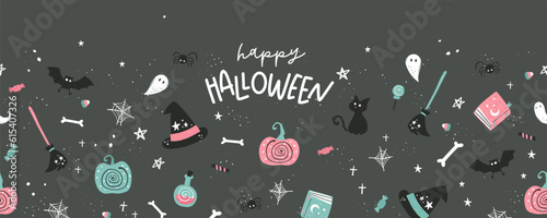 Cute hand drawn Halloween seamless pattern with pumpkins, bats, sweets and more decoration, fun background, great for textiles, wrapping, banners, wallpaper - vector design