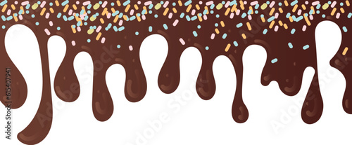 Chocolate soft ice cream, splashes of sweet candies, long border.