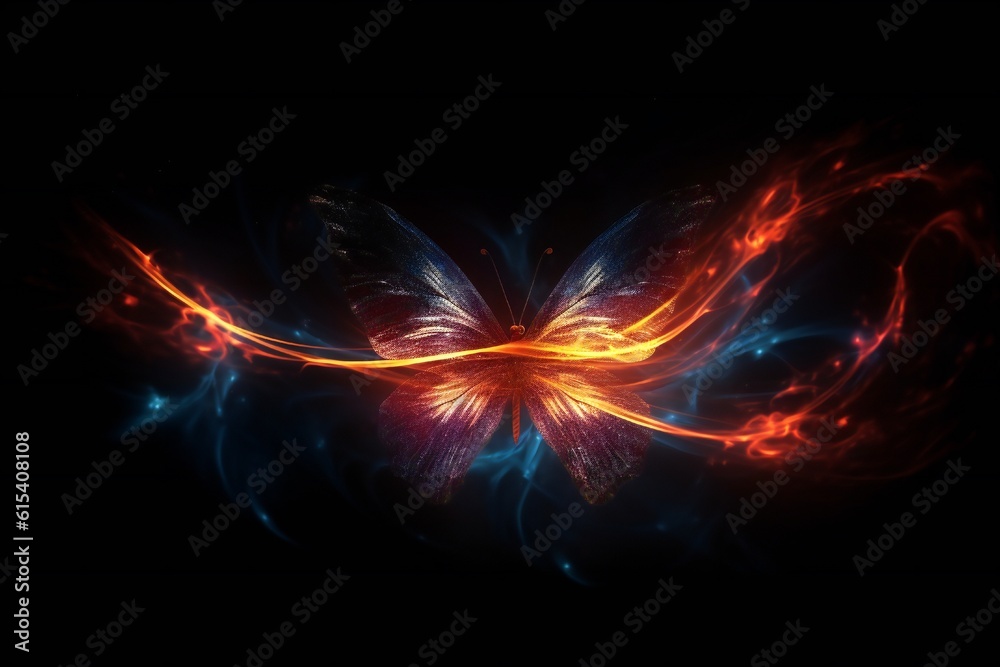 Abstract glowing fiery butterfly flying on black background and leaving red and blue fire trail behind Generative AI Abstract glowing fiery butterfly flying on black background and leaving red and blue fire trail behind Generative AI