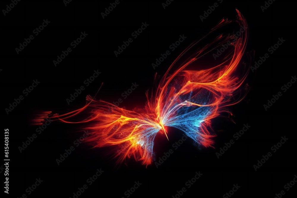 Abstract glowing fiery butterfly flying on black background and leaving red and blue fire trail behind Generative AI Abstract glowing fiery butterfly flying on black background and leaving red and blue fire trail behind Generative AI