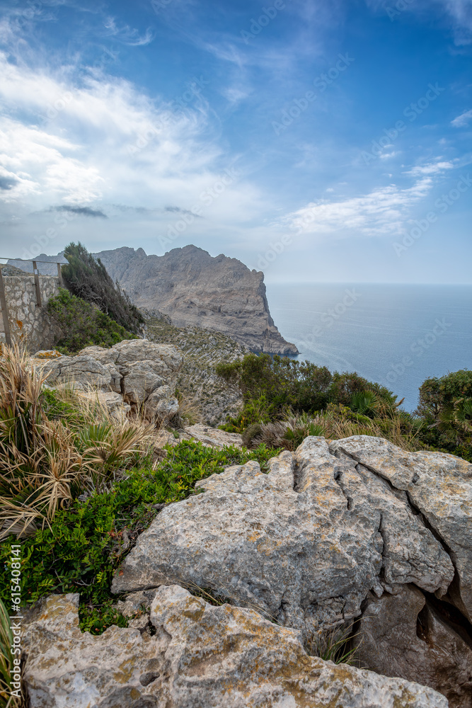 View from Mirador de Es Colomer, Peninsula de Formentor, Balearic Islands Mallorca Spain. Travel agency vacation concept.
