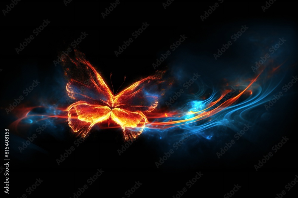 Abstract glowing fiery butterfly flying on black background and leaving red and blue fire trail behind Generative AI