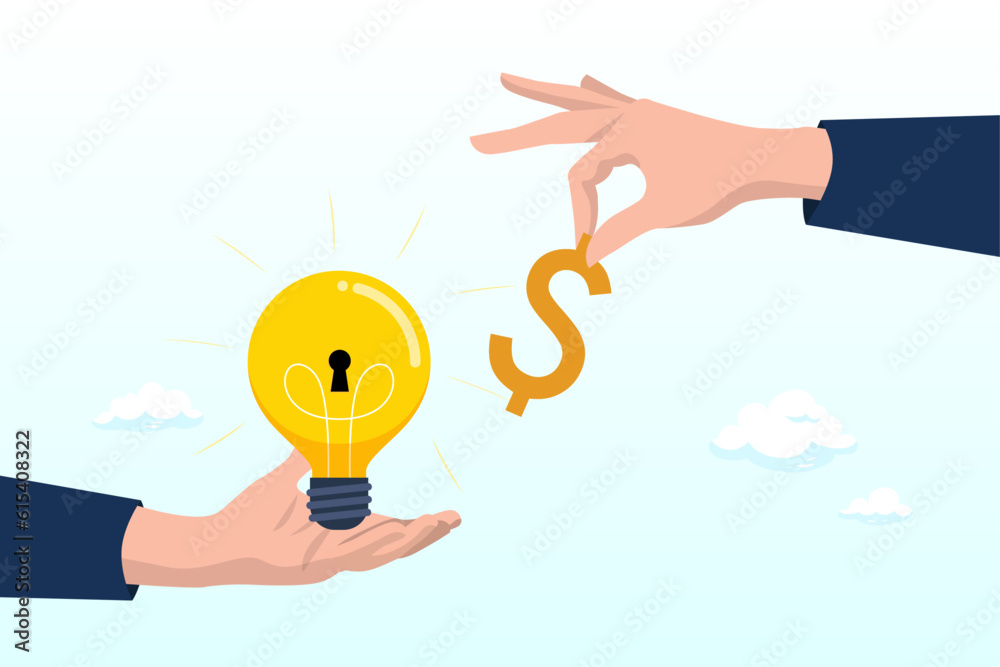 Businessman hand give dollar money to lightbulb business idea, funding startup idea, fundraising to start business, investor, venture capital or VC to financial support, budget or sponsorship (Vector) Businessman hand give dollar money to lightbulb business idea, funding startup idea, fundraising to start business, investor, venture capital or VC to financial support, budget or sponsorship (Vector)