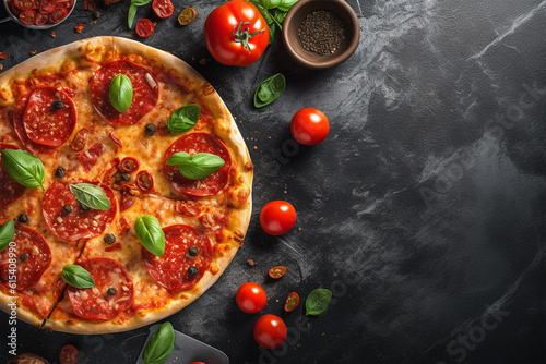 Flat lay photo of pizza half on concrete background