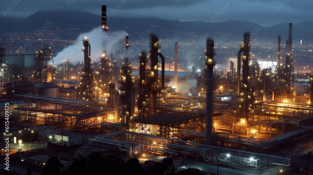 industrial refinery factory at night. generative ai industrial refinery factory at night. generative ai