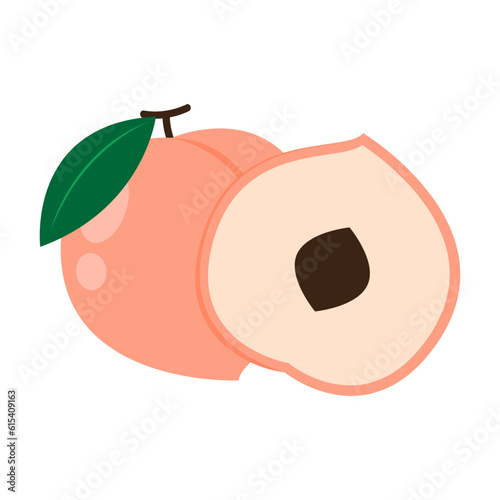 Peach cartoon vector. Doodle peach with leaves icon. Peach fruit in shape of heart isolated on white background. Farm, natural food, fresh fruits.