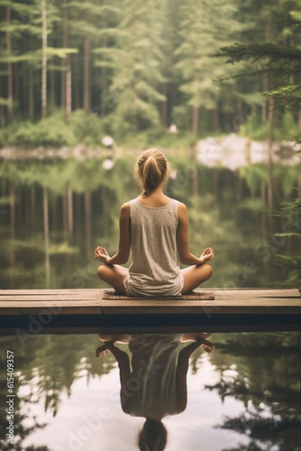 Tranquil Forest Yoga: Young Woman Meditating in Lotus Pose Amidst Natures Harmony © Degimages