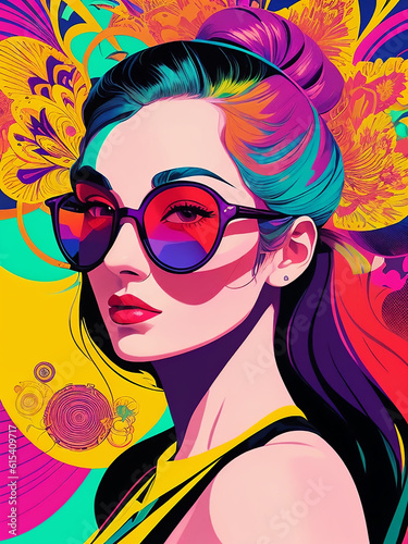 Bright multicolored decorative portrait of a woman with multicolored hair and wearing sunglasses. Graffiti style. Content made with generative AI not based on real persons. 