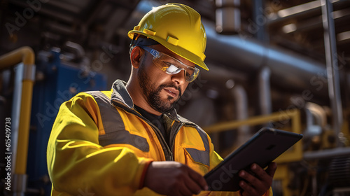 Engineer wearing safety uniform and helmet looking using tablet with oil refinery factory in the background.