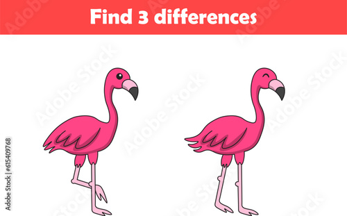 Education game for children find three differences between two flamingo animal cartoon. Vector illustration