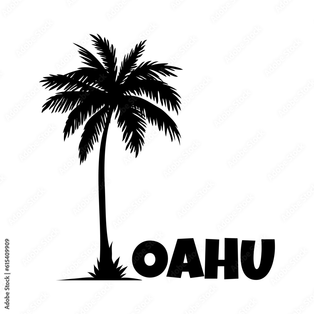 Logo vacaciones en Hawái. Letras de la palabra Oahu en la arena de una playa con silueta de la palma
