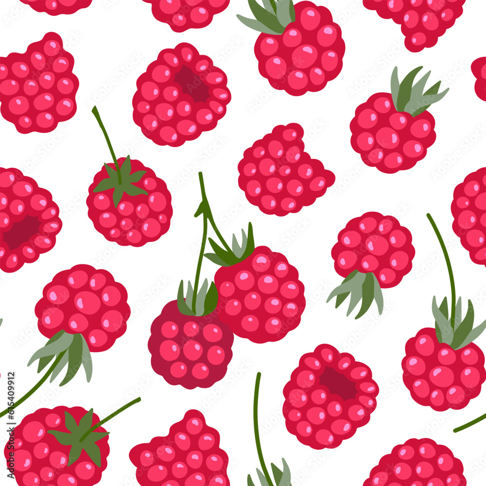 Raspberry vector seamless pattern. Sweet red berries isolated on white. Juicy fruit background. Hand drawn cute simple cartoon healthy ripe berries repeated illustration for packaging, textile, print Raspberry vector seamless pattern. Sweet red berries isolated on white. Juicy fruit background. Hand drawn cute simple cartoon healthy ripe berries repeated illustration for packaging, textile, print