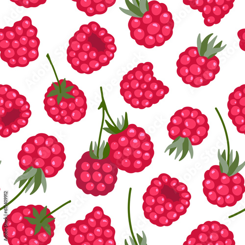 Raspberry vector seamless pattern. Sweet red berries isolated on white. Juicy fruit background. Hand drawn cute simple cartoon healthy ripe berries repeated illustration for packaging, textile, print