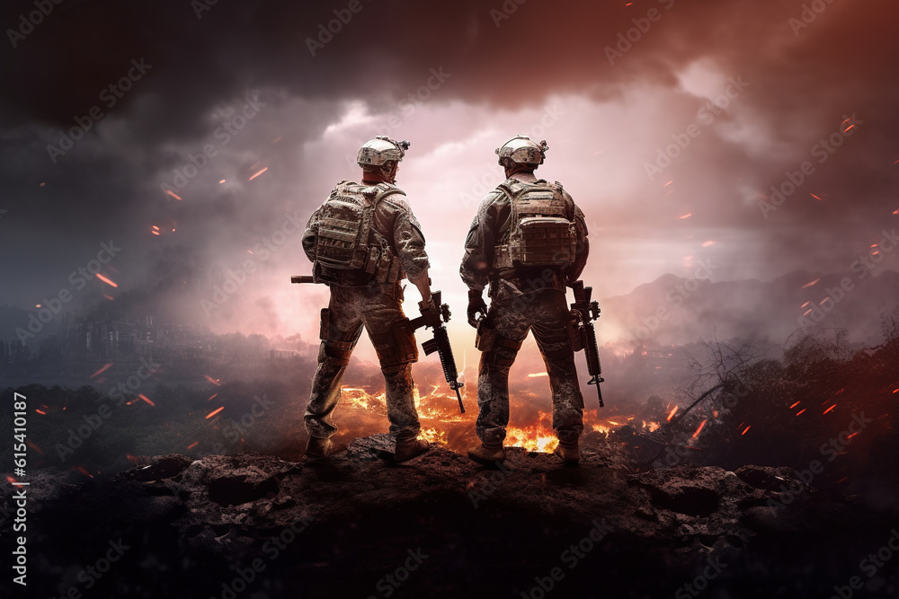 Two soldiers and their combat looking each at chaotic battlefield.