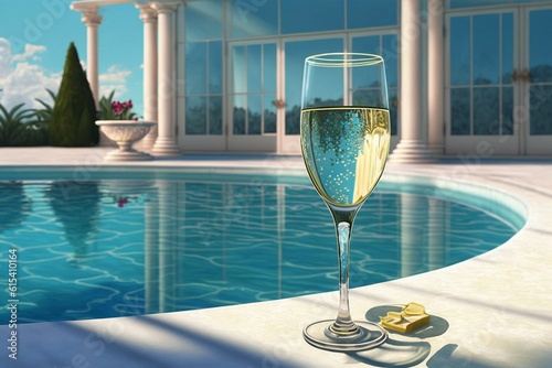 A glass of champagne on the background of the pool. Pleasant vacation. Summer rest. Generated by AI photo