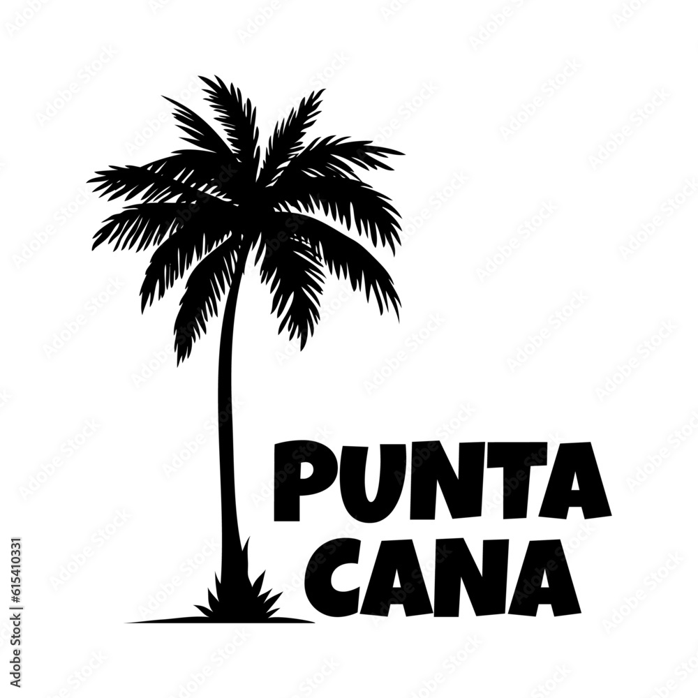 Logo vacaciones en la República Dominicana. Letras de la palabra Punta Cana en la arena de una playa con silueta de palmera