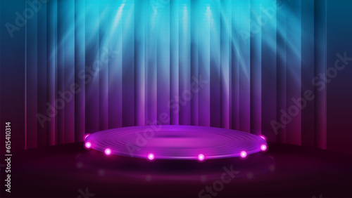 Cartoon purple flat round podium with bulbs lights and spotlight on background with curtain
