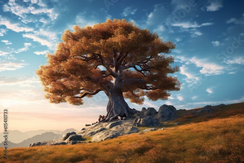 Hyperdetailed Surreal chestnut oak tree on top of a hill  majestic  detailed  vast landscape  autumn  colourful  hdr  photorealism  beautiful lighting  ethereal sky Generative AI
