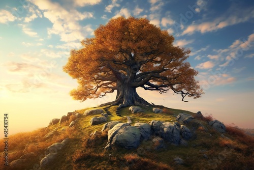 Hyperdetailed Surreal chestnut oak tree on top of a hill, majestic, detailed, vast landscape, autumn, colourful, hdr, photorealism, beautiful lighting, ethereal sky Generative AI photo