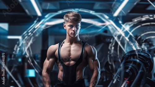 Portrait of muscular young guy standing after finished workout with machines and equipment in futuristic gymnasium club.