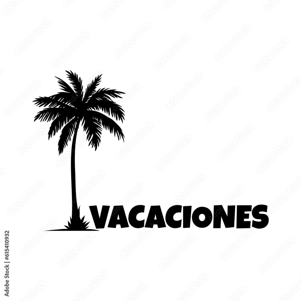 Logo vacaciones de verano. Letras de la palabra Vacaciones en español en la arena de una playa con silueta de palmera