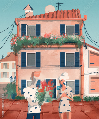 Neighbours in love male give female flowers