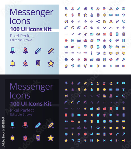 Messenger pixel perfect RGB color ui icons kit for dark, light mode. Online communication. GUI, UX design for mobile app. Vector isolated pictograms. Editable stroke. Poppins font used
