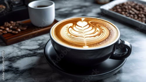 A Cup filled with Coffee Latte Art on a black marble Table