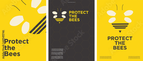 Protect the bees poster templates. Bee. Honeycomb background.  Minimalist. Trendy. Vector Illustration. Editable with copy space. For posters, cards, covers, leaflets, flyers, brochures, documents.