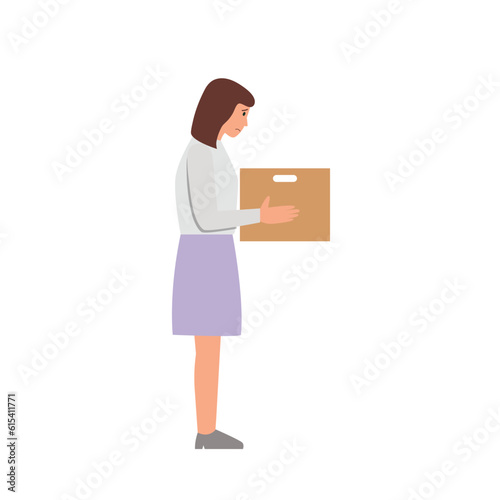 Fired office woman worker holds box
