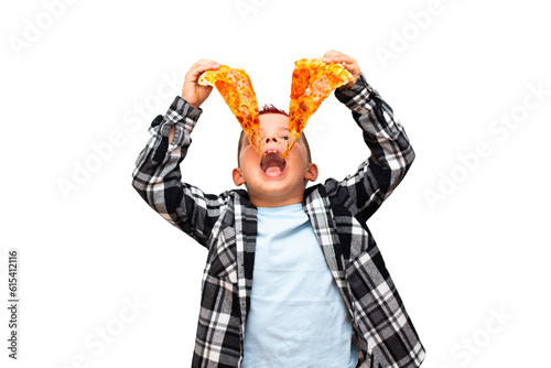 A cute stylish child boy with a red mohawk on his head  holding two pieces of sausage pizza over his open mouth