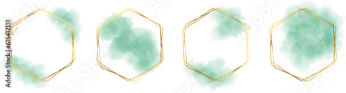 Hexagonal frame with abstract splashes of light green watercolor brush strokes for logo, banner, card, cover, flyer and poster, watercolor strokes with gold hexagonal frame