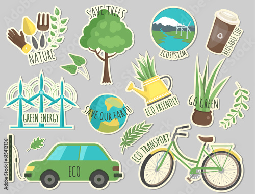 Ecology stickers. Collection of ecology stickers with slogans. Love our earth, save energy. Eco labels. Care for nature