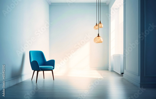 an empty room with a blue chair and another empty object