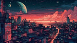 Beautiful metropolis under the moon, cartoon. Generative AI