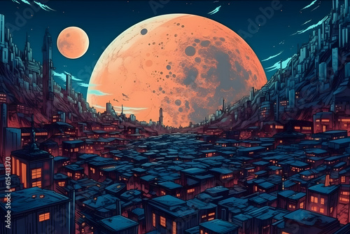 Beautiful metropolis under the moon, cartoon. Generative AI