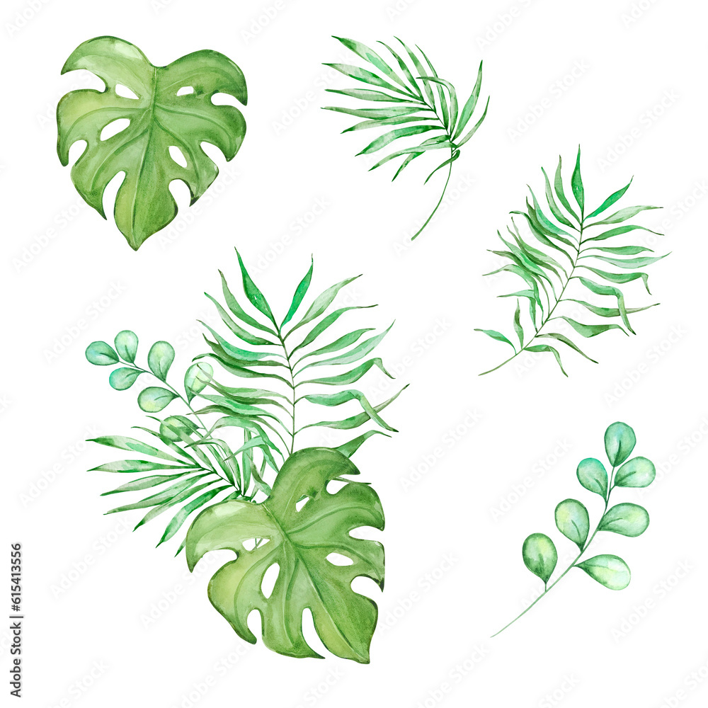 Watercolor bouquet of bright tropical leaves Watercolor bouquet of bright tropical leaves