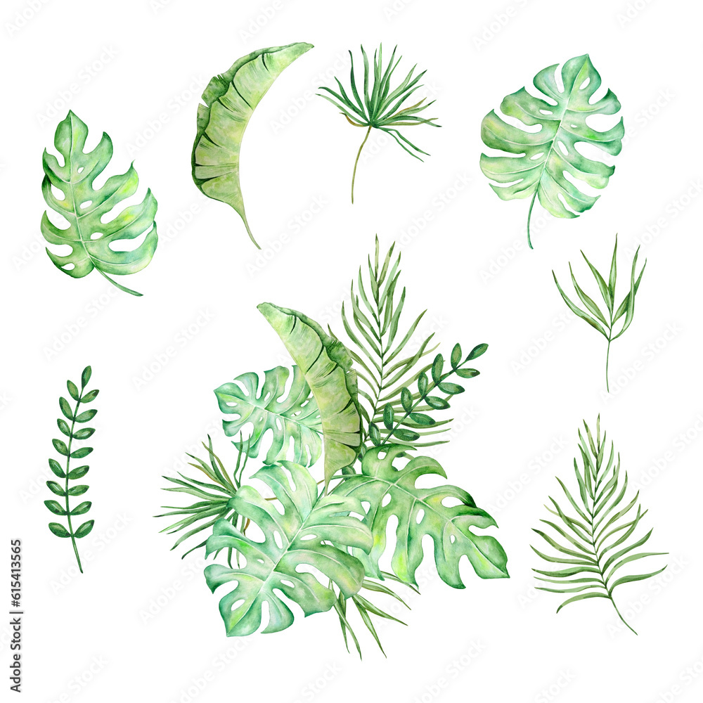 Watercolor bouquet of bright tropical leaves Watercolor bouquet of bright tropical leaves