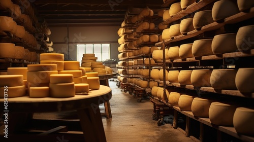 An assortment of flavorful cheese wheels maturing in a cheese factory. Generative AI