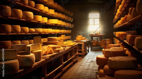 An assortment of flavorful cheese wheels maturing in a cheese factory. Generative AI