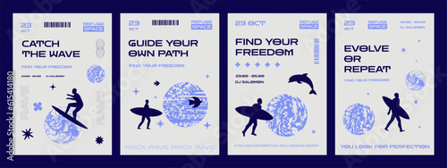A set of minimalistic posters with surfer silhouettes and simple shapes. A design template for a techno rave party or event.